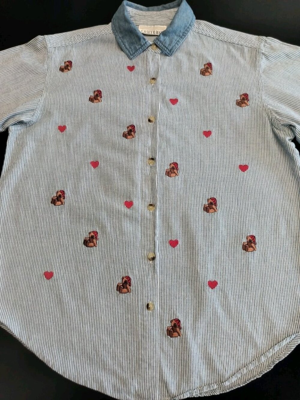 Vintage Casey & Max Striped Embroidered Shirt 2 Pieces Cottagecore Cats/Hearts M - Picture 12 of 16